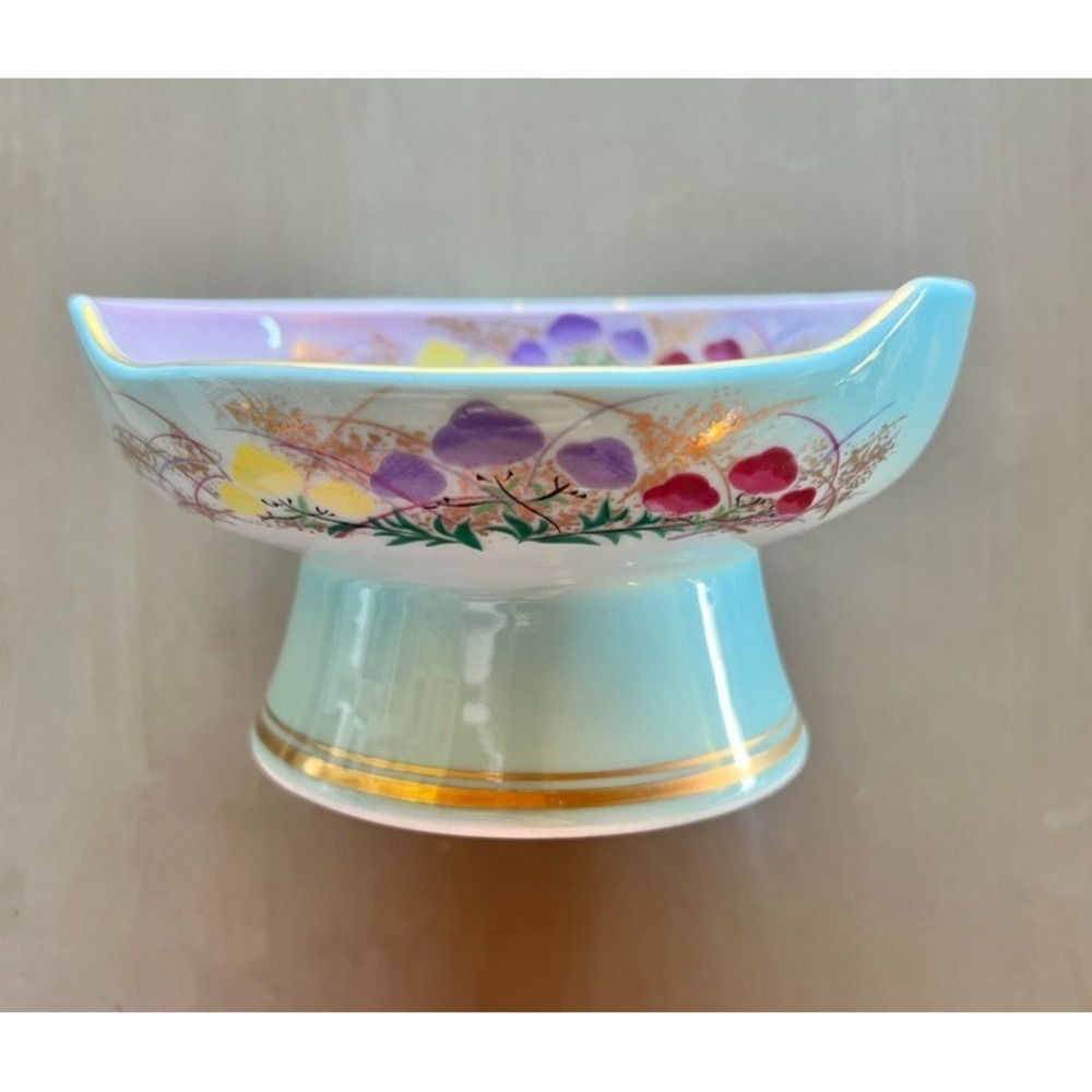 Vintage Mid Century‎ Pedestal Bowl Aqua Gold Floral Asymmetrical Rim Japan RARE